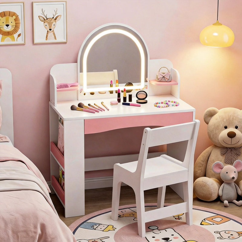 Bureau de coiffeuse pour enfants avec miroir à DEL, fauteuil et bloc d'alimentation