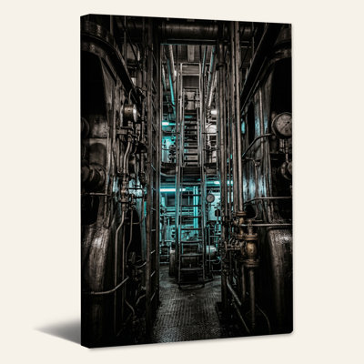 Art mural sur toile avec tuyaux et échelle industriels avec éclairage sarcelle