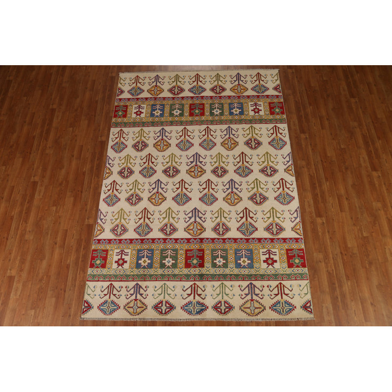 Tapis rectangulaire en laine noué à la main de conception unique 6 pi 7 po x 9 pi 6 po nouvel âge ivoire / rouge / vert