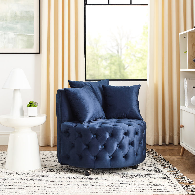 Fauteuil pivotant en velours bleu moderne avec siège à boutons et housse de mobilité, Marine