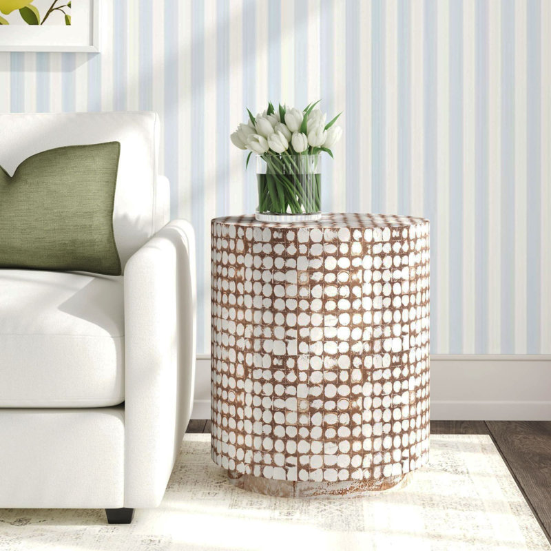 Abbie Coconut Shell Drum End Table, White Patina