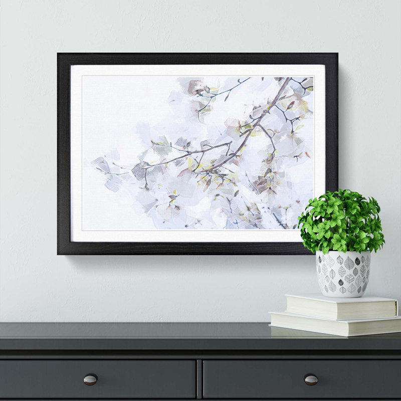 Branch of a White Magnolia Tree in Abstract - Picture Frame Painting Print, 36cm H x 48cm W x 2cm D, Black Framed