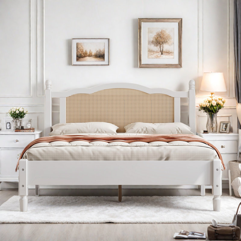 Queen White Pine Wood Platform Bed with Rattan Headboard