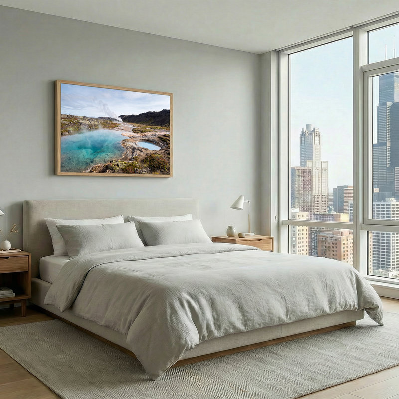 «Turquoise Geotheral Pool and Steam In Rugged Landscape», art mural sur toile, 32"H x 48"W