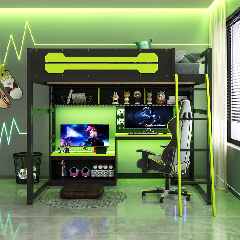 Full Size Wood Loft Bed With Desk, Shelves, LED Lights, USB Ports And Pegboard, Black/Green