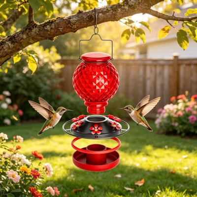Glass Hummingbird Feeder for Outdoors, Hanging Ant Moat Included, Wide Mouth for Easy Filling and Cleaning, 5 Feeding Ports with Perches for Garden Backyard Decor