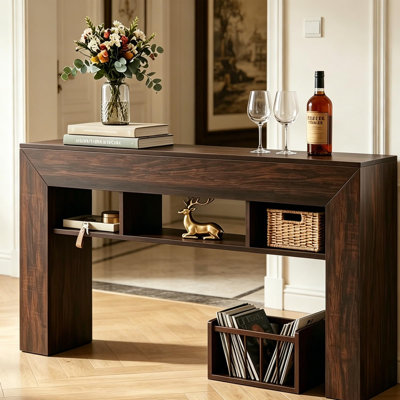 Console extra longue pour bureau personnel GarveeHome - 63 po avec 3 tablettes ouvertes et tiroir - Base épaissie - Couleur: brun foncé