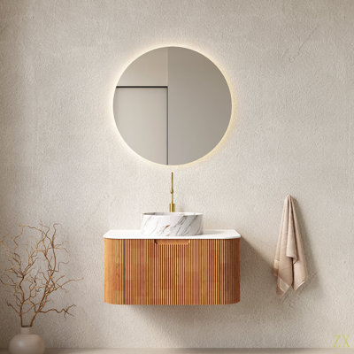 DINA 30" Bathroom Vanity & Sink, Wall-Mounted Floating Curved Edges Striped Bathroom Storage Cabinet With Drawer Round Ceramic Basin With Stone Pattern, Pre-Assembled