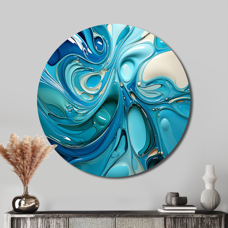 Ciska Blue Fluid Grind II - Art abstrait rond en métal, H 16 po x l 16 po 