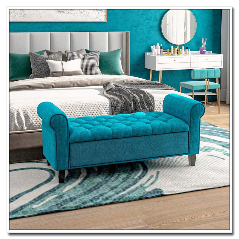 Button Tufted Upholstered Storage Ottoman Bench with Rolled Arms, Teal