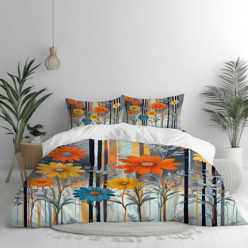 Microfiber Comforter Set, Queen Comforter + 2 Standard Shams, Blue/Orange Floral