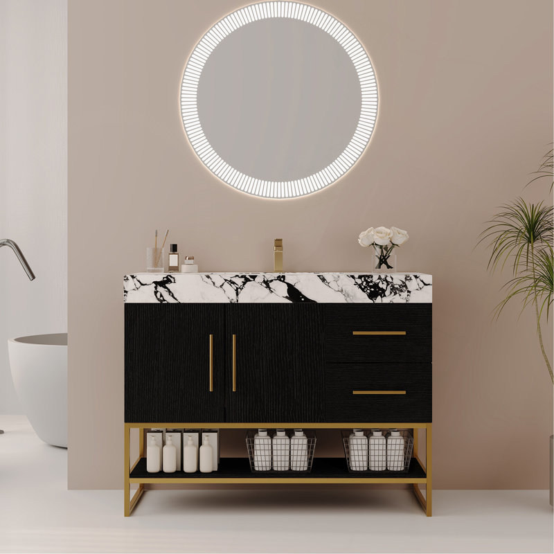 Meuble-lavabo autoportant moderne 36 po avec lavabo en céramique sans couture et plateau en pierre frittée, Center, Black