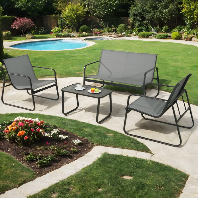 4-Piece Patio Furniture Set, Outdoor PVC-coated polyester Conversation Set With Chairs & Loveseat, Coffee Table for Garden, Balcony, Poolside, Backyard (Gray)