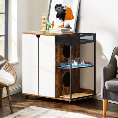Enceinte de litière pour chat en teinte brun rustique, pour 2 chats, avec ouvertures latérales et ornement en matériau inclus, fournie
