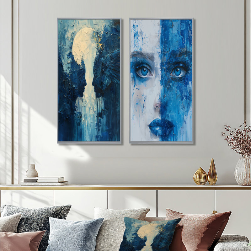 Ensemble de 2 pièces d'art mural blanc et bleu astrologie, Cadre argenté flottant, H 28 po x l 24 po