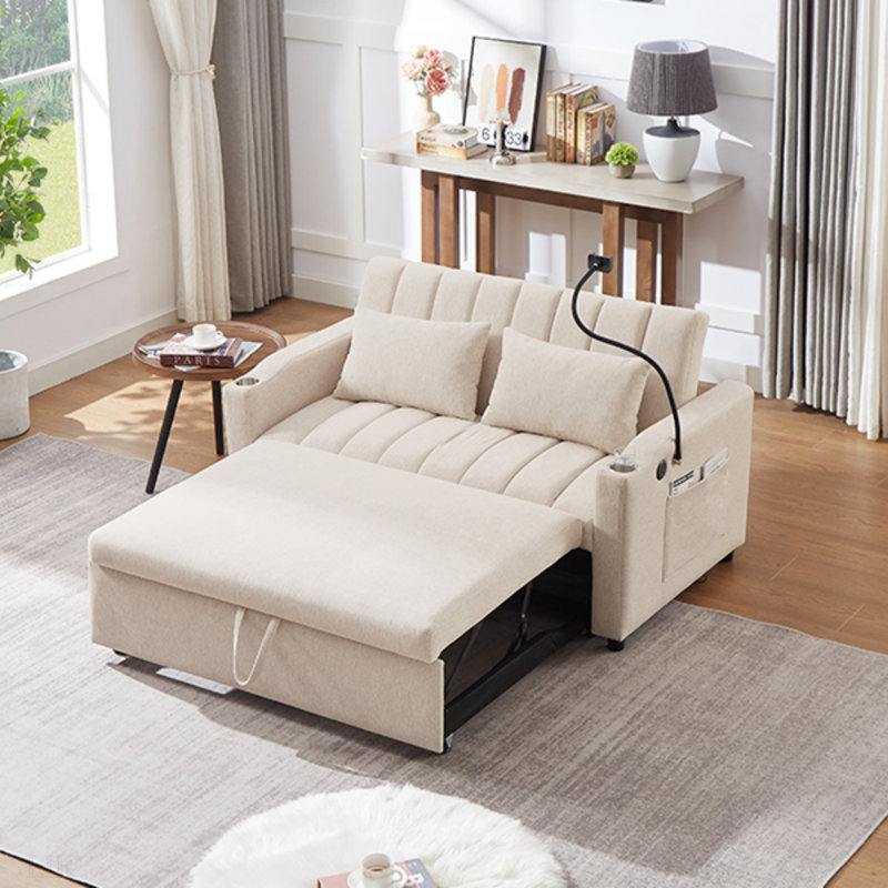 Agon Upholstered 55.9'' Sleeper Sofa, Beige Polyester
