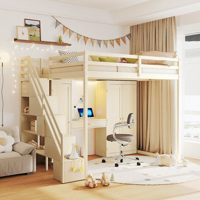 Lit mezzanine double avec escalier de rangement, coiffeuse encastrée avec miroir et tiroir, armoire et armoires, ports et lumières de chargement USB, beige