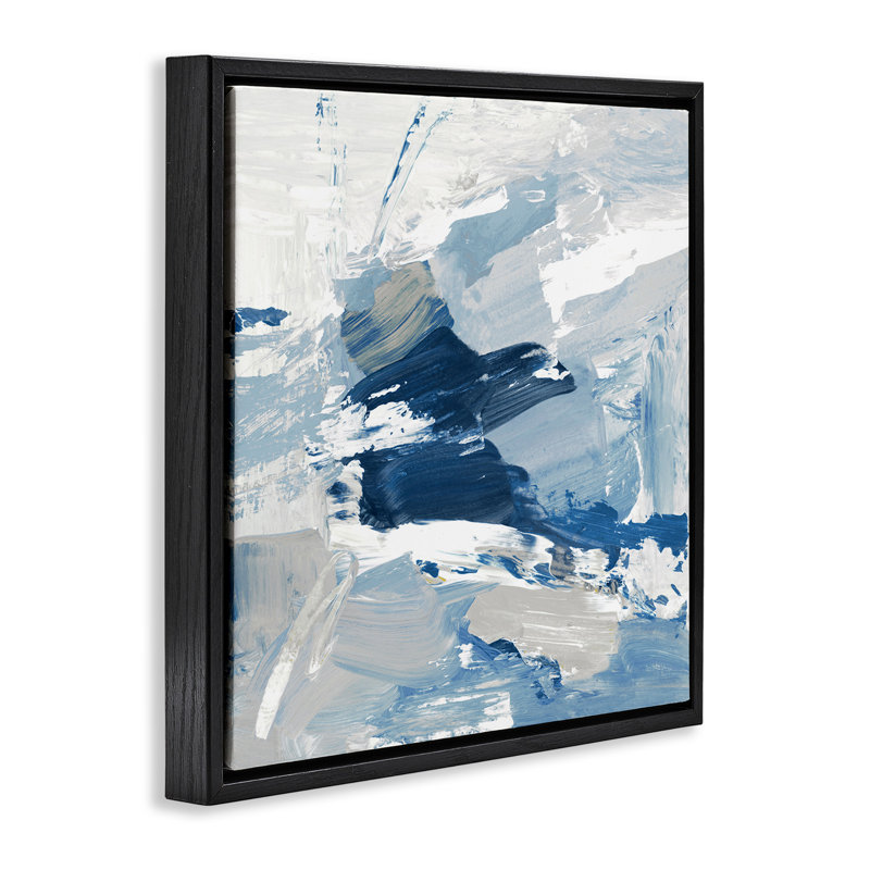 Peinture abstraite bleue brossée, H 18 po x l 18 po, Cadre flottant noir de jais