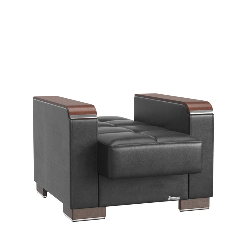 Fauteuil rembourré en bois avec rangement rembourré Modern Zenaero, Similicuir noir