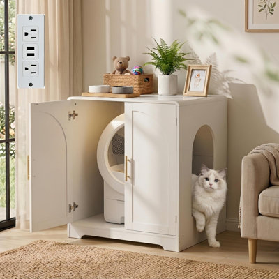 29.92"W Large Litter Box Enclosure for Self-Cleaning Litter Box, Modern Curved-Edge Cat Litter Robot Enclosure, Cat House Furniture with Power Outlet and Magnetic Door, White
