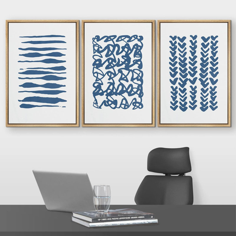 «Geometric Line Blue Brush Stroke Line Art Collage Abstract Patterns Modern Art Mid-Century Modern on Canvas», reproduction de 3 pièces