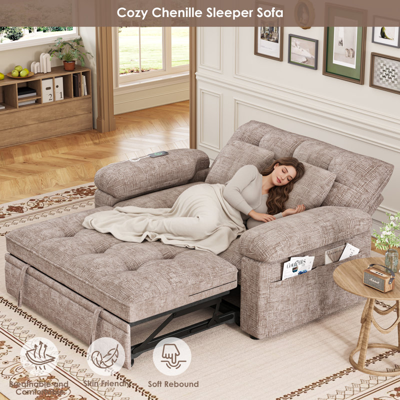 59.6" Convertible Sofa Bed with Adjustable Back, Charging Station & Pillows, Khaki