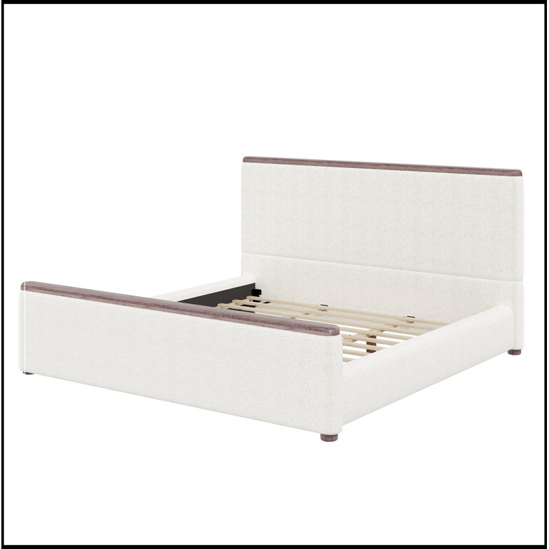 Très grand lit plateforme tapissier Geib avec décoration en bois, Blanc