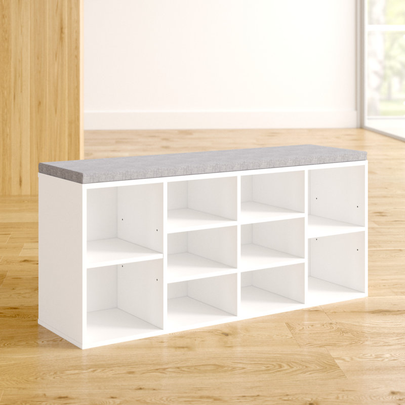 Adara Linen Blend Upholstered Storage Bench, White/Grey