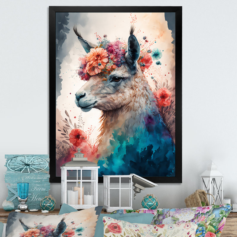 «Cute Llama Floral Art I», peinture sur toile, H 32 po x l 24 po x P 1 po, Impression noire sur toile encadrée