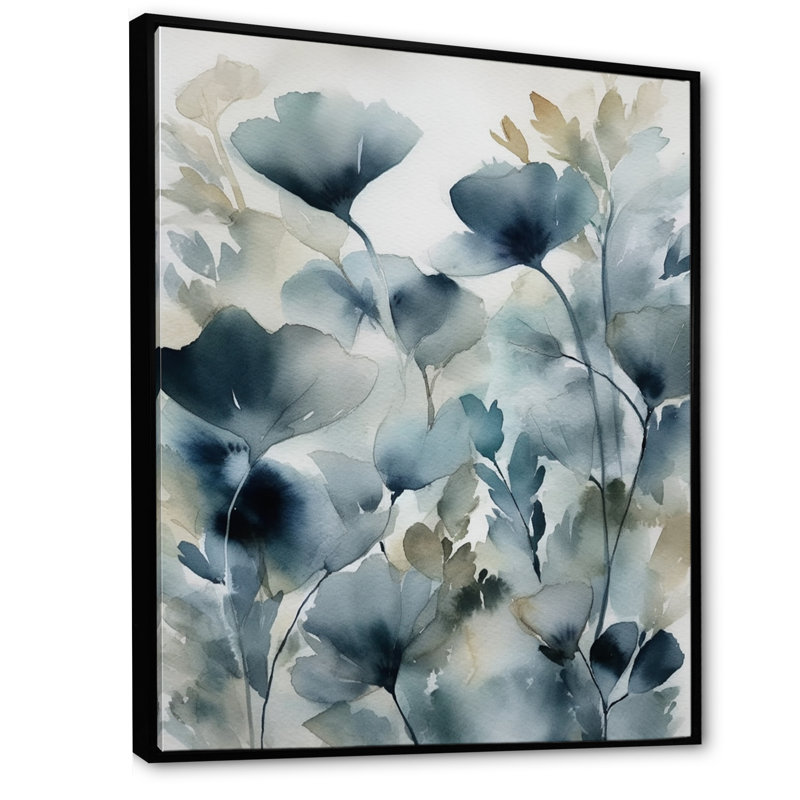 «Blue Leaf Foliage And Flowers II», reproduction sur toile, H 32 po x l 24 po, Cadre flottant noir