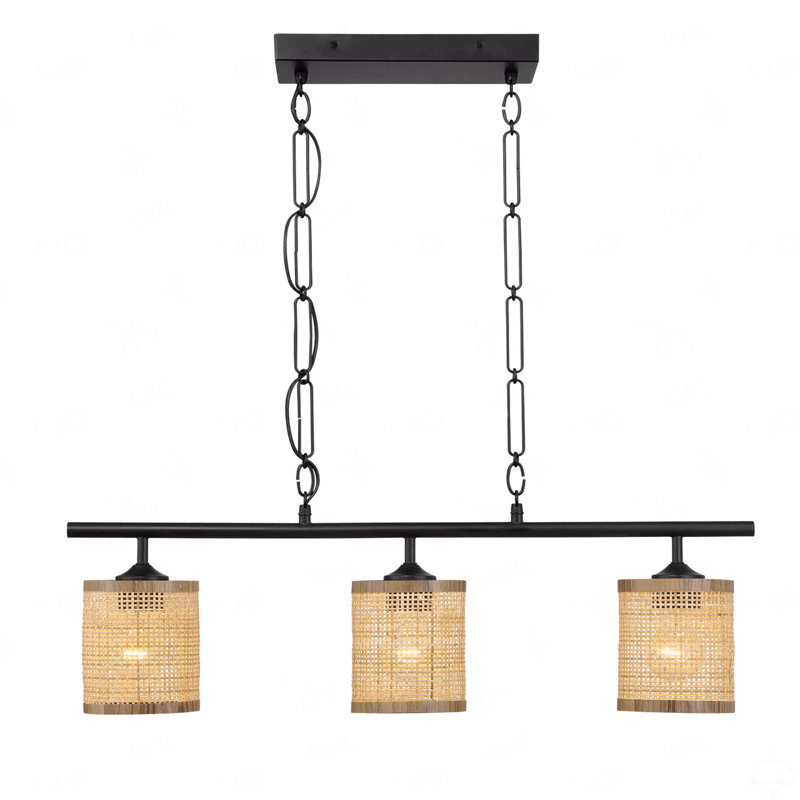 Lampe de plafond style campagnard à trois lumières avec abat-jour en rotin naturel