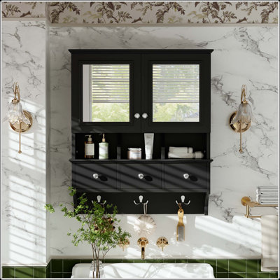24 Inch 4-in-1 Wall Mounted Medicine Cabinet with Drawers and Organizer Hooks – Black