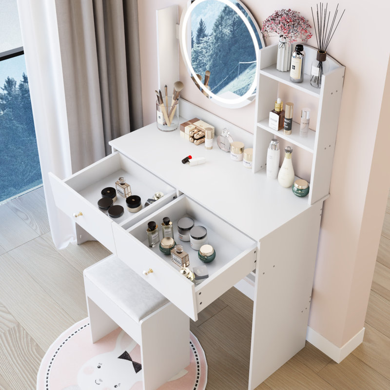 17" Round Led Vanity Table With Soft Cushion Stool, Large Mirror, Touch Switch, 3 - Color Adjustable Brightness , Multi Layer Storage, Ideal For Small Spaces, American Design, White Material ,
