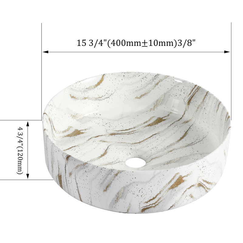 Bathroom's Above Counter Ceramic Sink With Golden Lines In White, Low Water Absorption, Stain - , 15.7 Depth, 4.7 Inches Tall Art For Bathroom, High Temperature Firing, Smooth Finish, Well Made,