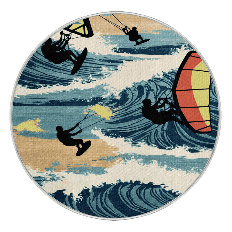  Washable Kiteboarding Sports Area Rug, Round 8'