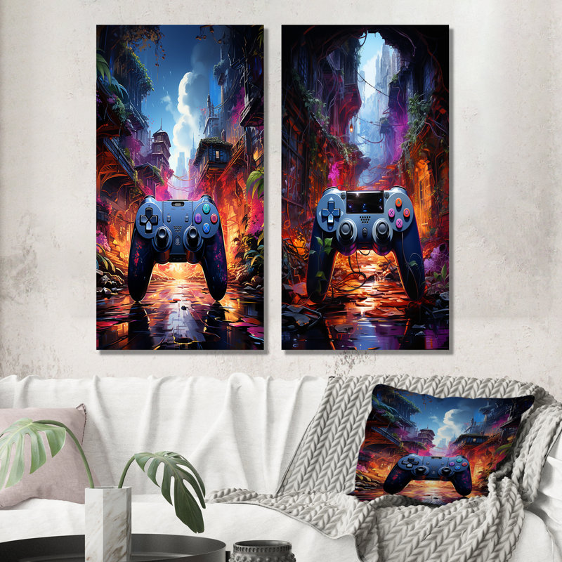 Contrôleur de jeu vidéo Neon Haven I - ensemble de 2 décorations murales de jeux vidéo, H 28 po x l 25 po, Toile tendue
