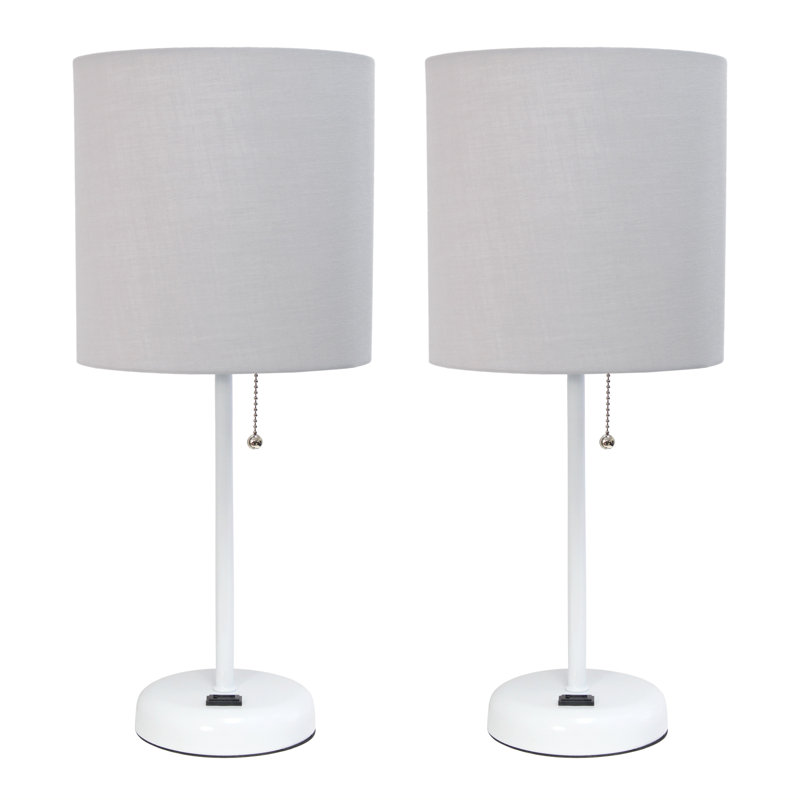 Gray Fabric Shade White Stick Table Lamp Set with Charging Outlet