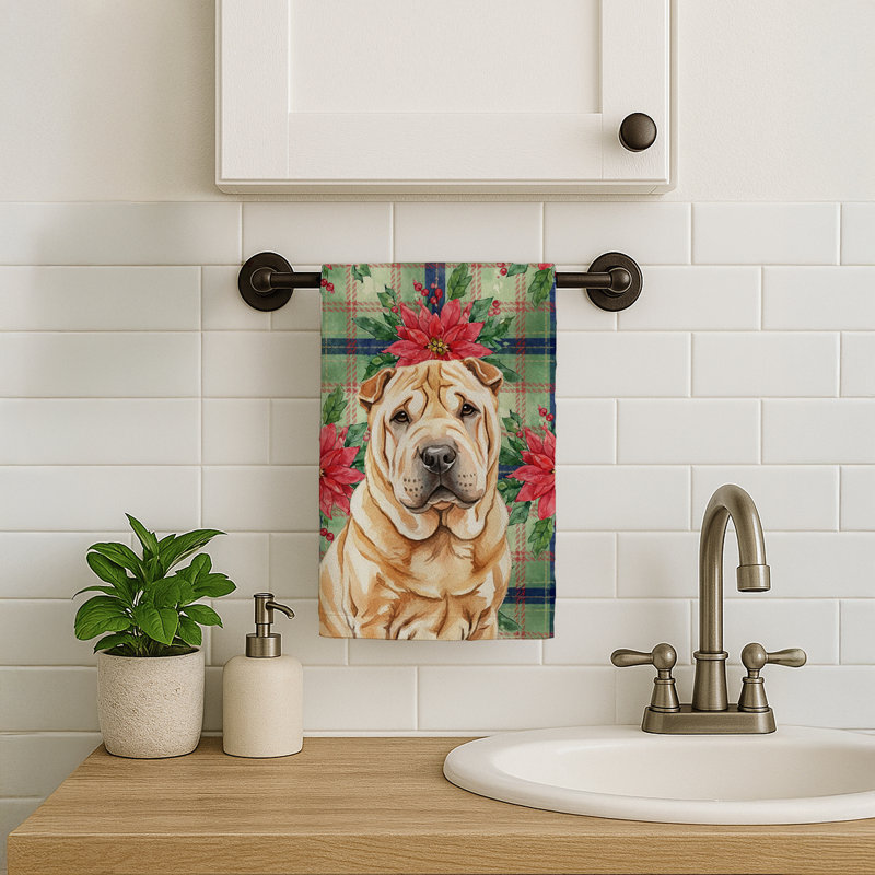Red Shar Pei Christmas PoinsettIas Kitchen Towel, Red Shar Pei