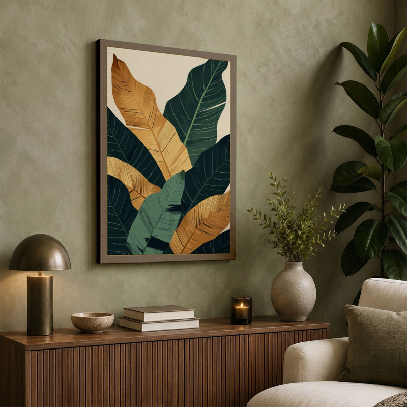 Tropical Leaf Arrangement Botanical - Wrapped Canvas, 30x20 - 76.2 x 50.8 cm, Taupe Border