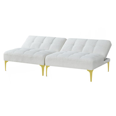 Convertible Sofa Bed Futon With Gold Metal Legs Teddy Fabric (White)