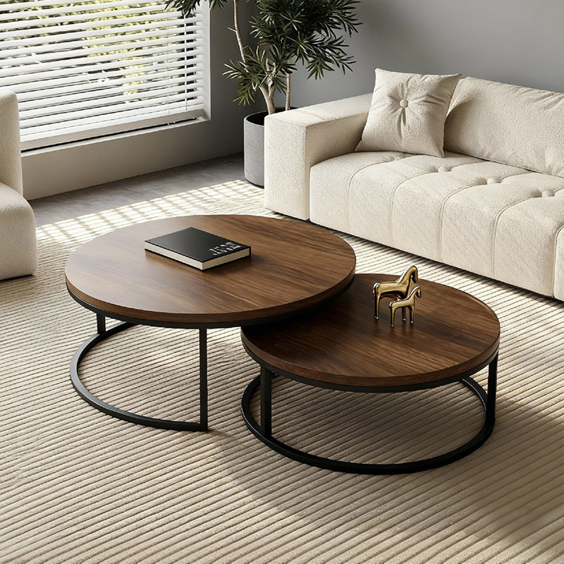 Modern Nesting Tables with Round Wood Tops | Space-Saving Sofa Side Tables for Flats & Living Rooms (Walnut & Black), Brown