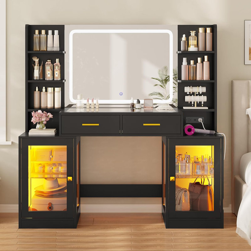 Makeup Vanity With Mirror & Lights, Rgb Cabinets, Vanity Desk With 2 Glass Top Drawers & Power Outlet, For Teen , Black