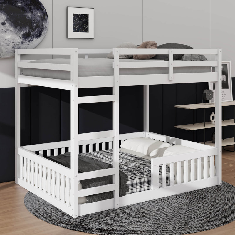 Lit superposé en bois double avec lit double et échelle de sécurité, Blanc
