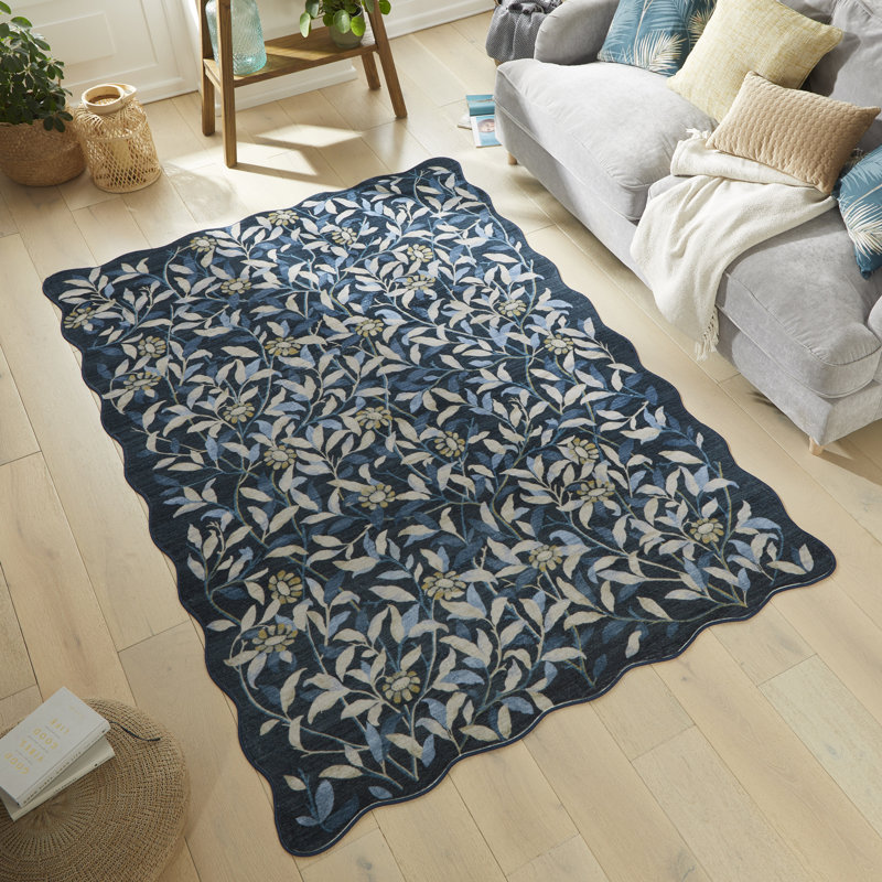 Floral Blue Washable/Stain Guarded Area Rug , Rectangle 160 x 230 cm