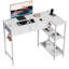 Bureau en forme de L avec prise de courant - 2 tiroirs, tablettes de rangement, crochet pour casque d'écoute - Table d'ordinateur peu encombrante pour bureau à domicile ou bureau - Blanc