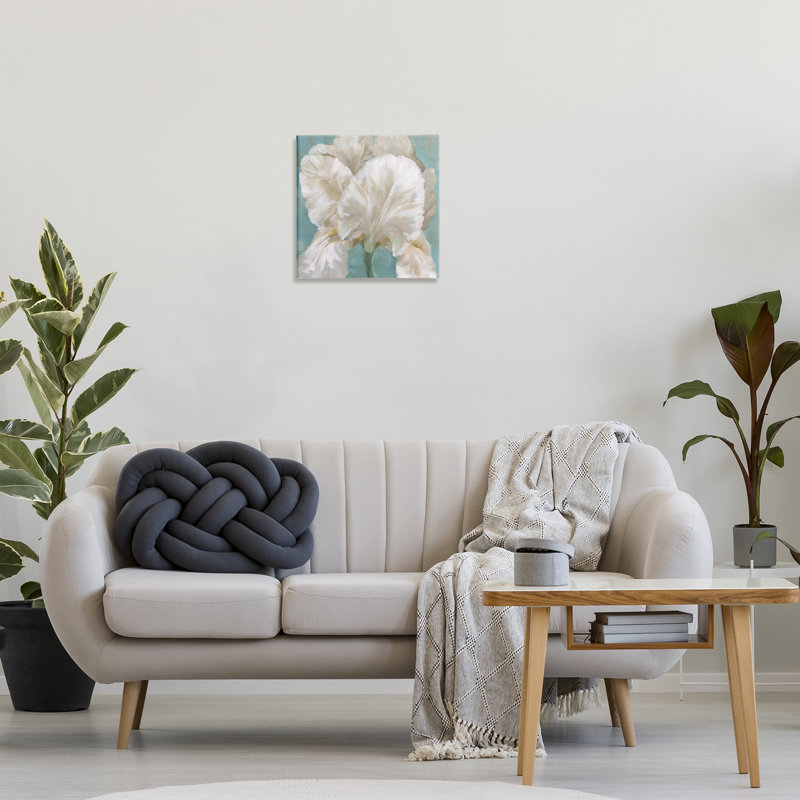 "Iris blanc sur toile bleue" par Nan, H 17 po x l 17 po