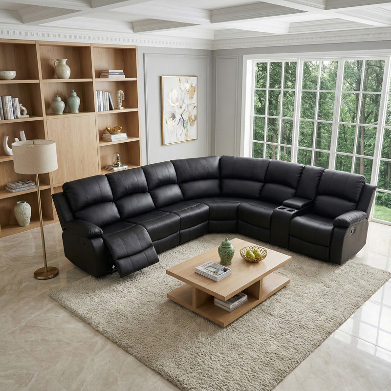 Ensemble de canapé inclinable manuel moderne en cuir Vegan, Black Leather