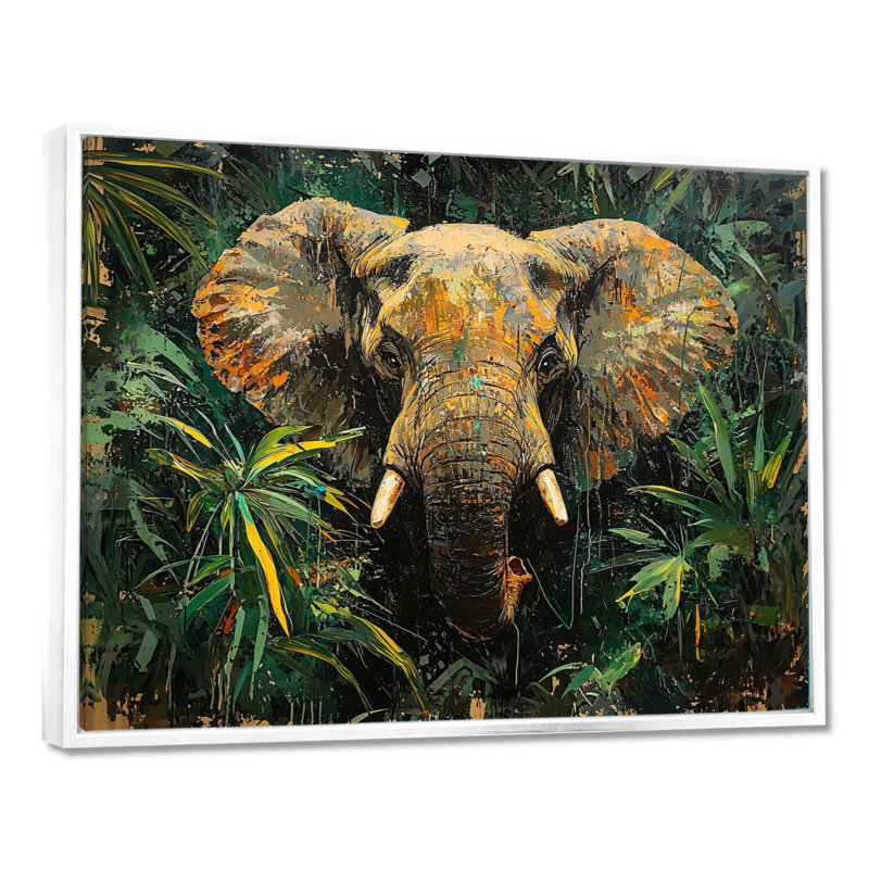 Tête d'éléphant dans la jungle I - éléphant, art mural sur toile, H 12 po x l 20 po, Impression encadrée flottante, Blanc