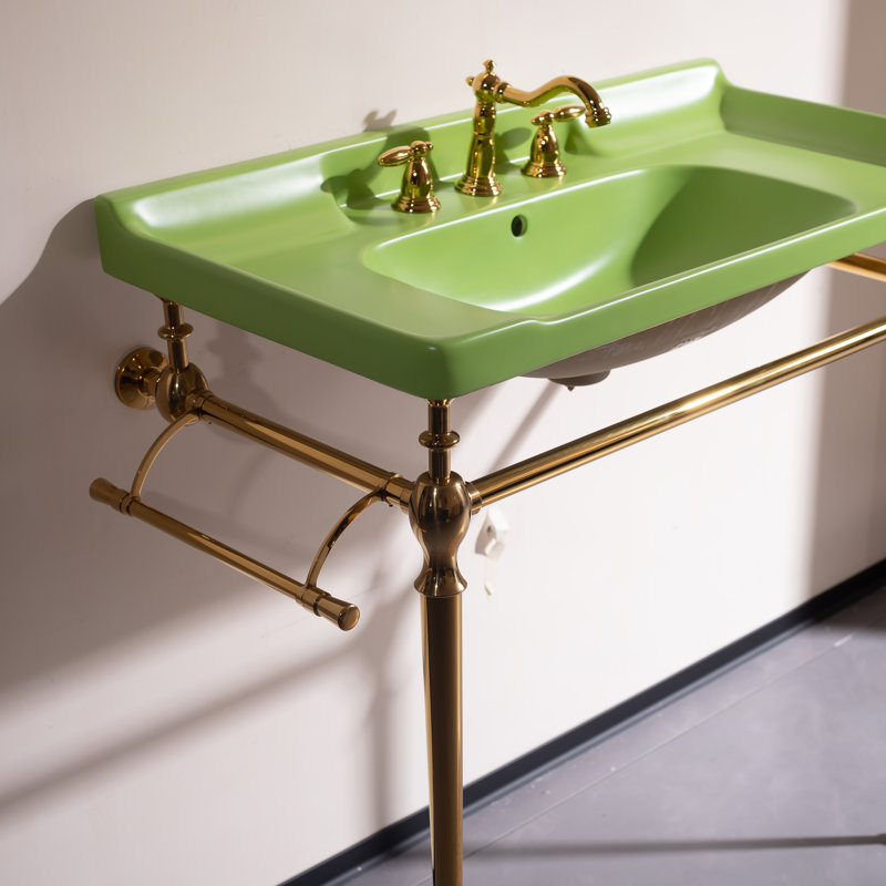36" Bathroom Console Sink, Wall-mounted Grass Green Ceramic Vanity Basin With 3 Pre-drilled Faucet Holes, Freestanding Stainless Steel Support Legs With Towel Bar, No Faucet