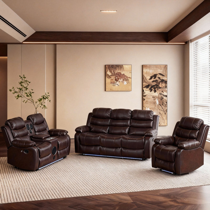 Ensemble de salon 3 pièces inclinable en faux cuir avec porte-gobelet, DEL et console, Brun